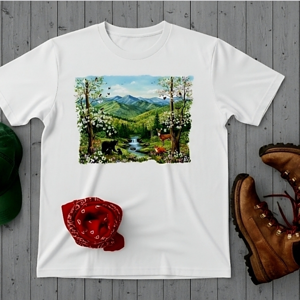 Blue Ridge Mountains Spring Wildlife Tee • Nature Graphic Shirt • Bear Deer Fox